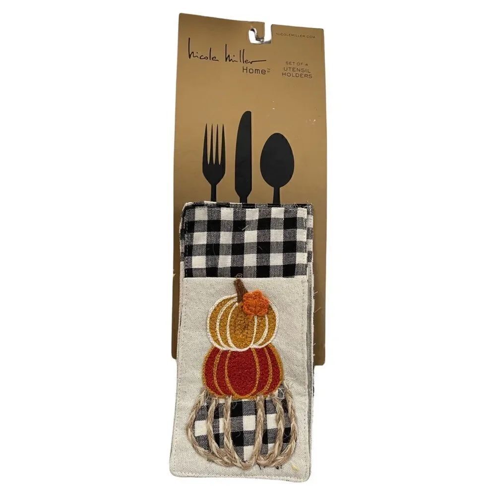 Nicole Miller Pumpkin Gourd Crewel Embroidered Utensil Holders Set of 4 NWT